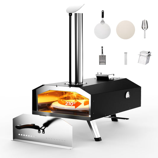 Icyglee 12" Wood Pellet Outdoor Pizza Oven,Wood Fired Portable Pizza Maker with Rotatable Pizza Stone, Countertop Pizza Grill for Backyard and Outside, Black - CookCave