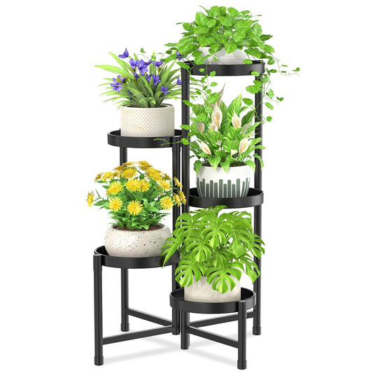 iDavosic.ly 5 Tier Metal Plant Stand for Indoor Outdoor, Foldable Corner Tall Plant Shelf for Multiple Plants, Flower Pot Holder Display Stand for Living Room Balcony Garden Patio (Black) - CookCave
