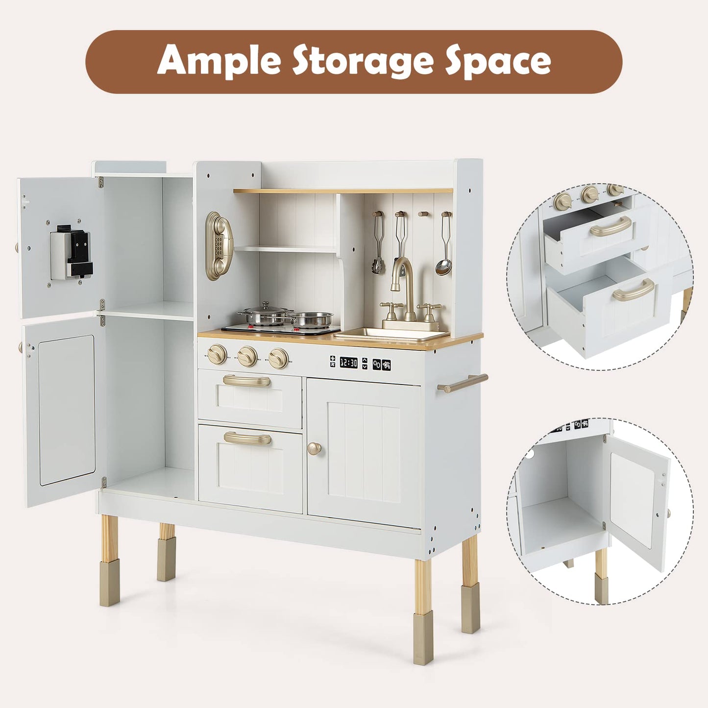 INFANS Kid Kitchen Playset, Toddler Wooden Pretend Cooking Set with Realistic Light & Sound, Stove, Sink, Microwave, Storage Cabinet, Play Kitchen Toy Set for Children Boys Girls - CookCave