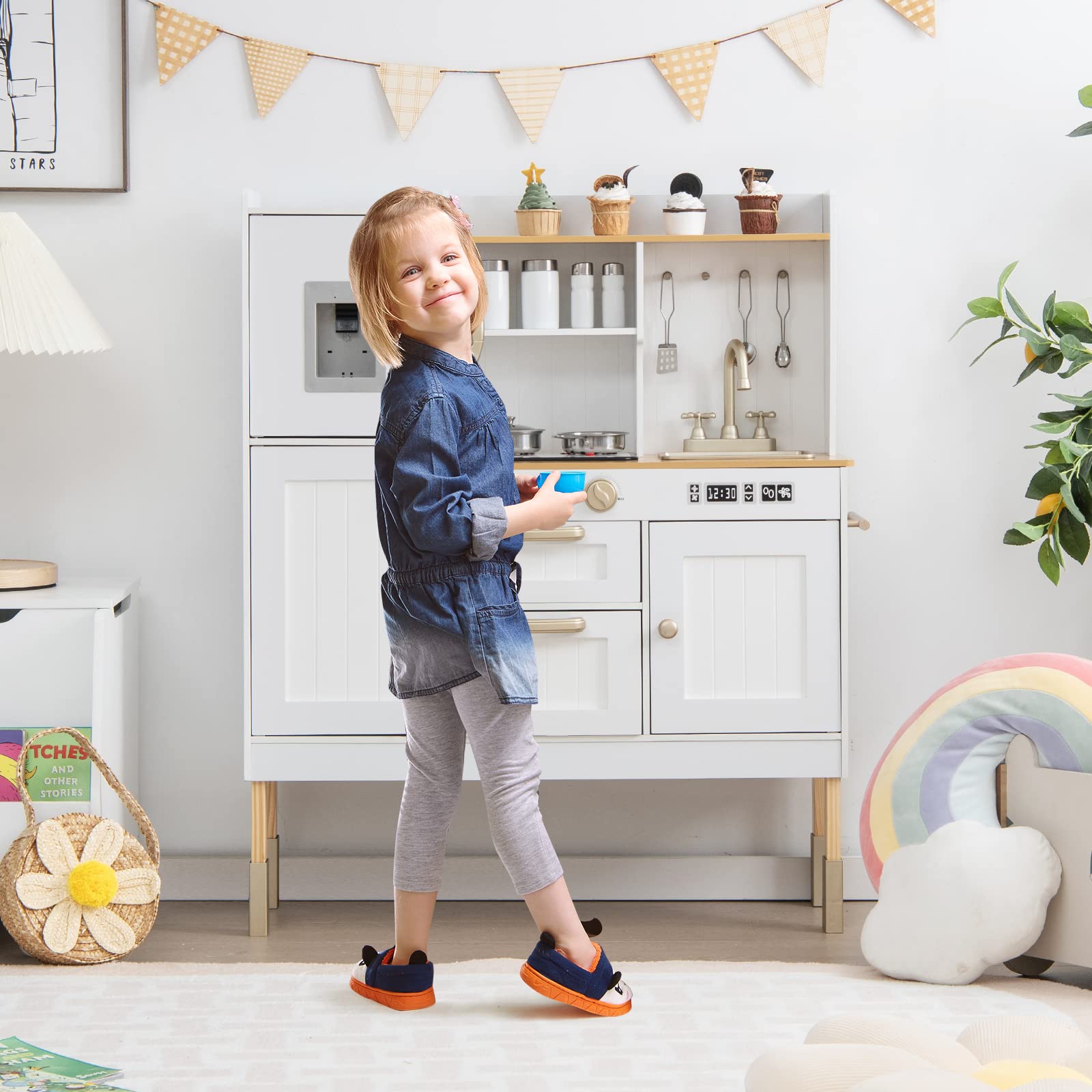 INFANS Kid Kitchen Playset, Toddler Wooden Pretend Cooking Set with Realistic Light & Sound, Stove, Sink, Microwave, Storage Cabinet, Play Kitchen Toy Set for Children Boys Girls - CookCave