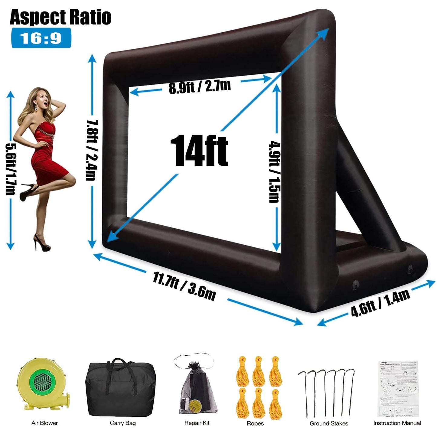 Inflatable Projector Screen - Outdoor Movie Screen Blow Up for Movie Parties Backyard Outside with Air Blower and Carry Bag, Front and Rear Projection (14FT with Blower) - CookCave