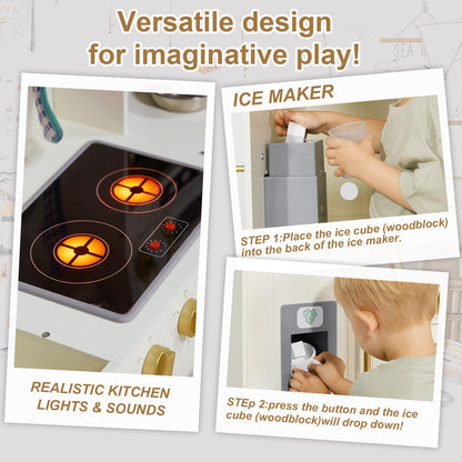 inFUNSAME Wooden Play Kitchen for Chef Pretend Kids Kitchen Playset with Real Lights & Sounds and 14 Pcs Toddler Kitchen Accessories, Toy Kitchen Set Gifts for Boys and Girls Ages 3+ - CookCave