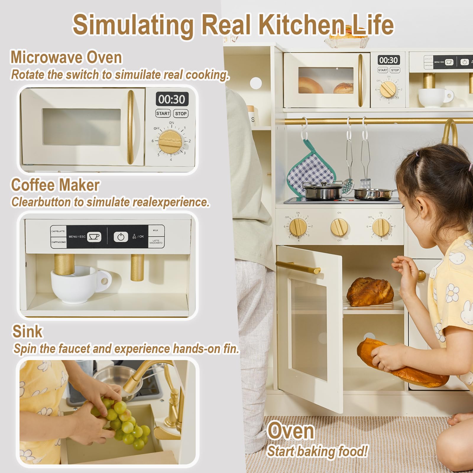 inFUNSAME Wooden Play Kitchen for Chef Pretend Kids Kitchen Playset with Real Lights & Sounds and 14 Pcs Toddler Kitchen Accessories, Toy Kitchen Set Gifts for Boys and Girls Ages 3+ - CookCave