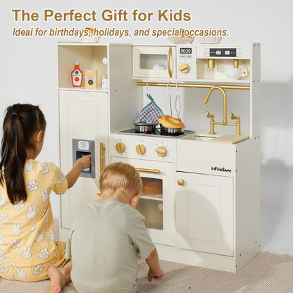inFUNSAME Wooden Play Kitchen for Chef Pretend Kids Kitchen Playset with Real Lights & Sounds and 14 Pcs Toddler Kitchen Accessories, Toy Kitchen Set Gifts for Boys and Girls Ages 3+ - CookCave
