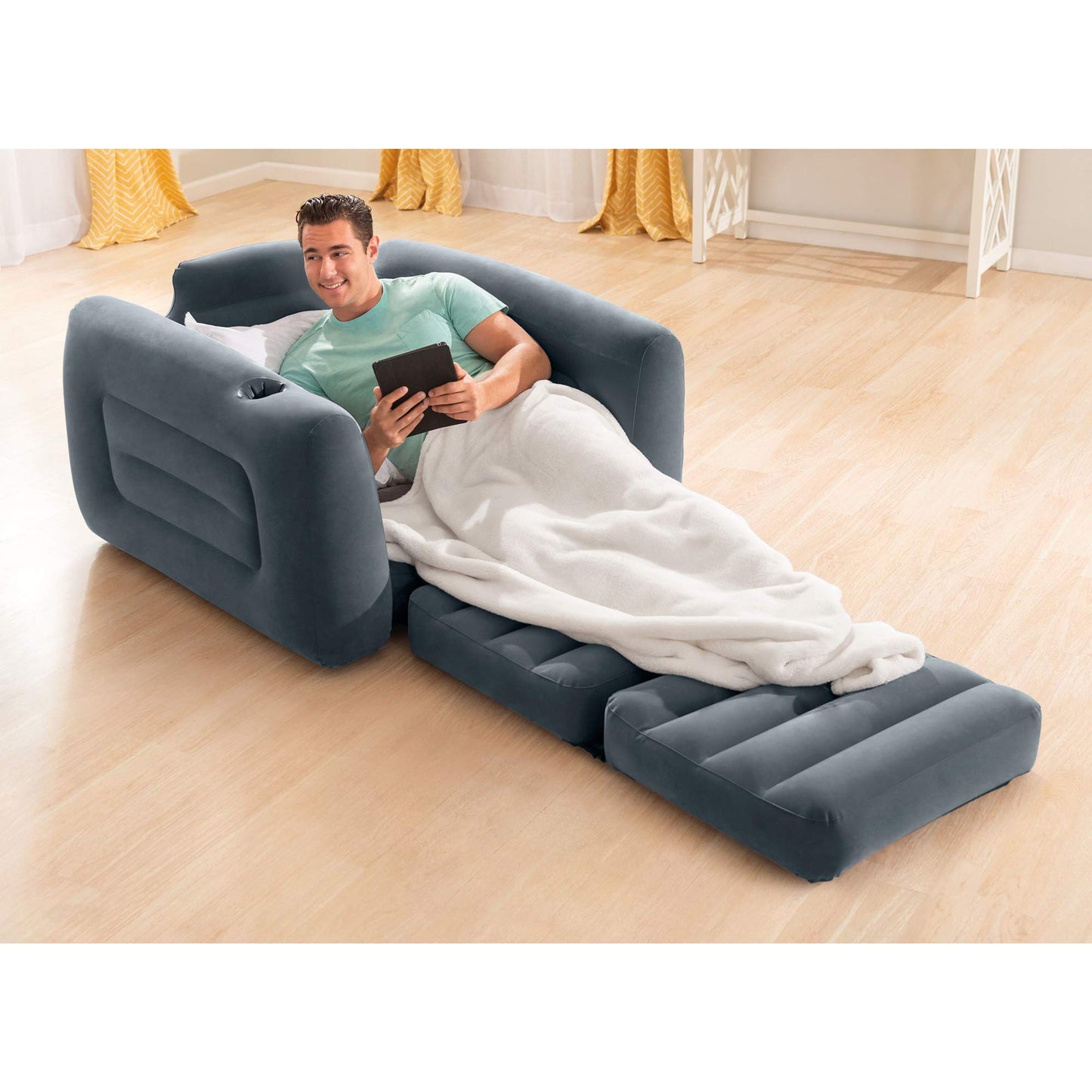 Intex 66551EP Inflatable Pull-Out Chair: Built-in Cupholder – Velvety Surface – 2-in-1 Valve – Folds Compactly – 80" x 91" x 26" - CookCave