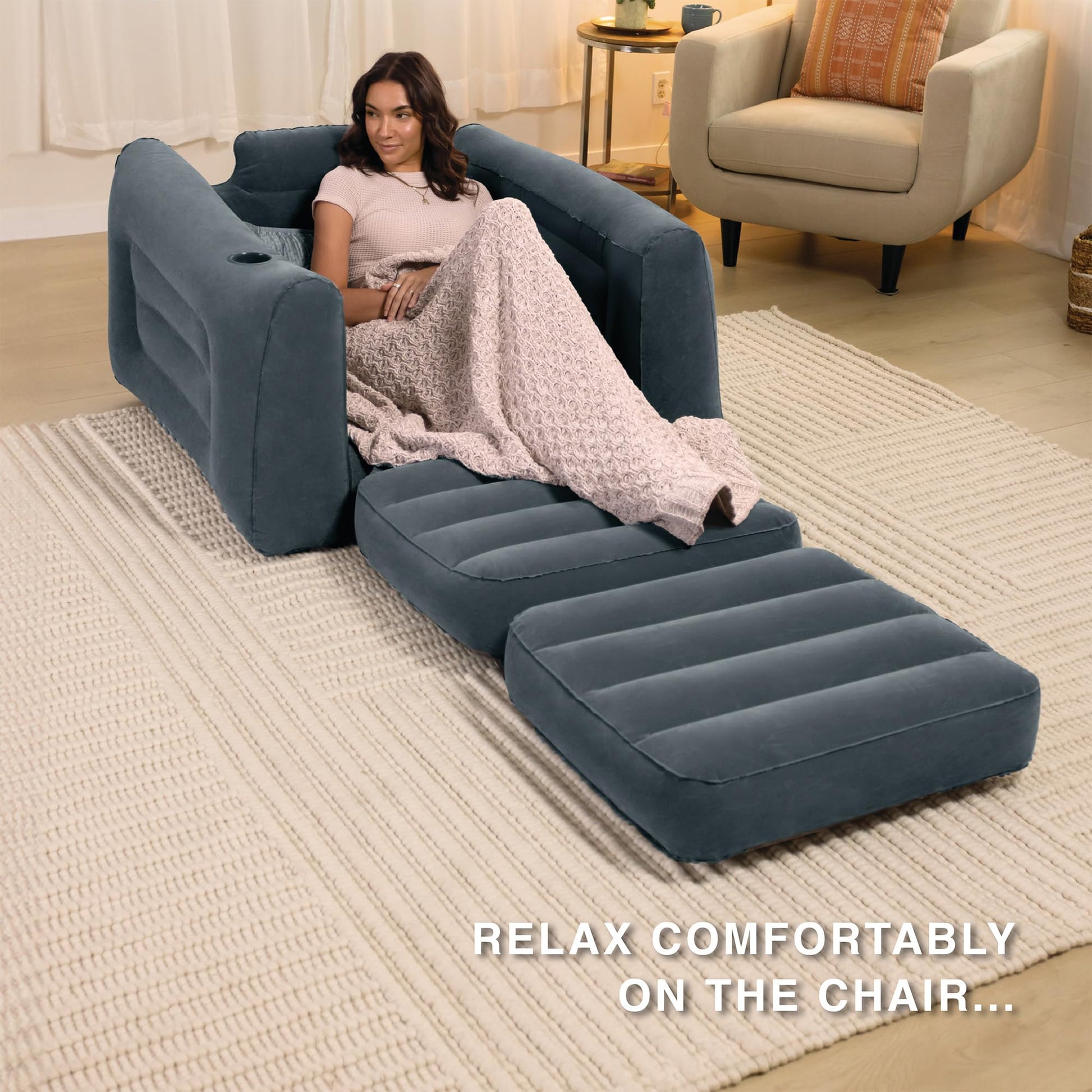 Intex 66551EP Inflatable Pull-Out Chair: Built-in Cupholder – Velvety Surface – 2-in-1 Valve – Folds Compactly – 80" x 91" x 26" - CookCave