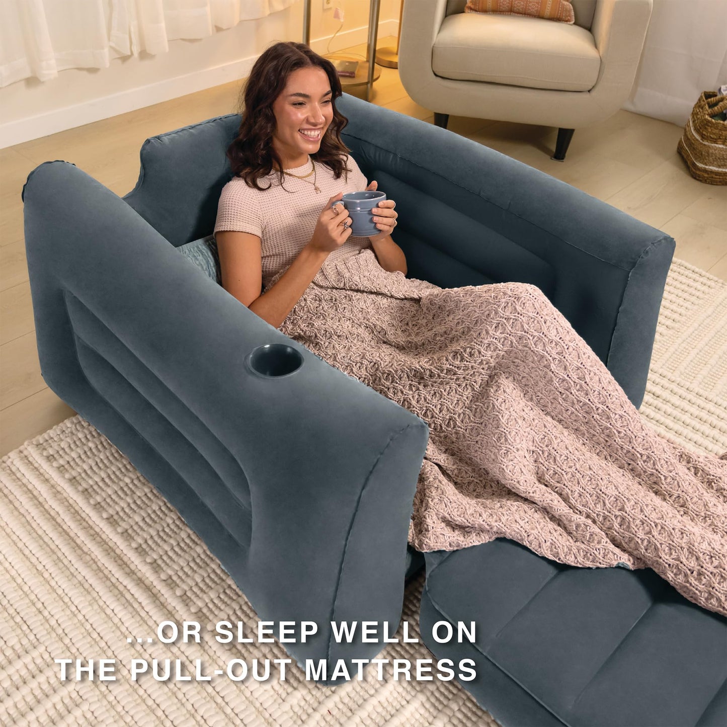 Intex 66551EP Inflatable Pull-Out Chair: Built-in Cupholder – Velvety Surface – 2-in-1 Valve – Folds Compactly – 80" x 91" x 26" - CookCave