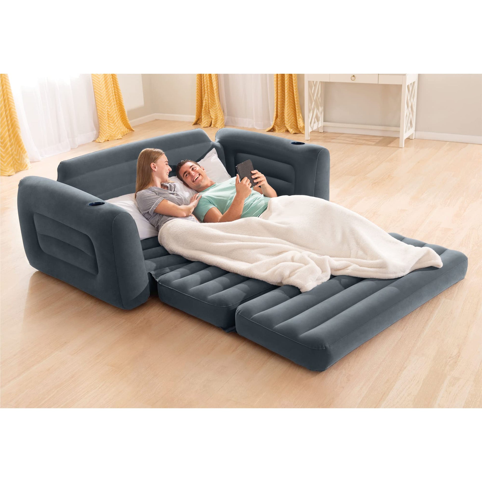 Intex Inflatable Pull-Out Sofa: Velvety Surface, 2-in-1 Valve, Cupholder, 46" x 88" x 26" - Blow-Up Couch and Folding Queen Size Air Mattress Bed - CookCave