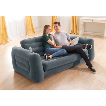 Intex Inflatable Pull-Out Sofa: Velvety Surface, 2-in-1 Valve, Cupholder, 46" x 88" x 26" - Blow-Up Couch and Folding Queen Size Air Mattress Bed - CookCave
