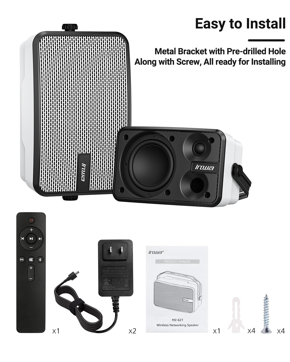 Inwa Outdoor Bluetooth Speakers, IPX5 Waterproof 400W Wall Mount Speaker, Powerful Indoor/Outdoor Sound System, Wireless Sync Up to 100 Speakers, Suitable for Patio/Porch/Gazebo/Garage(MZ-621, Pair) - CookCave