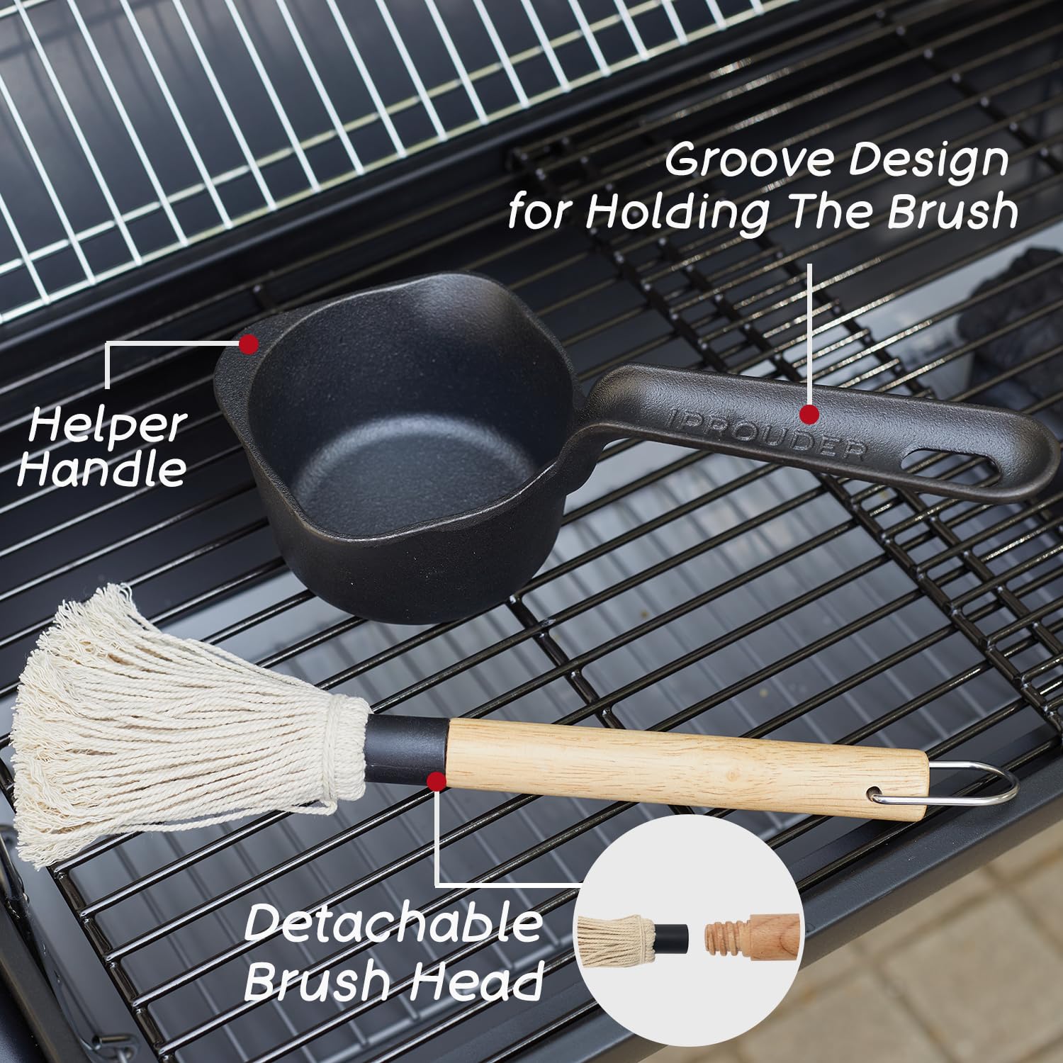 IPROUDER Cast Iron Sauce Pan and Basting Pot with BBQ Mop Brushes 4 Pcs - Cast Iron Small Sauce Pots for Grilling, Melting, Camping Cooking & Stoves - Mini Pot for Butter Melter - CookCave