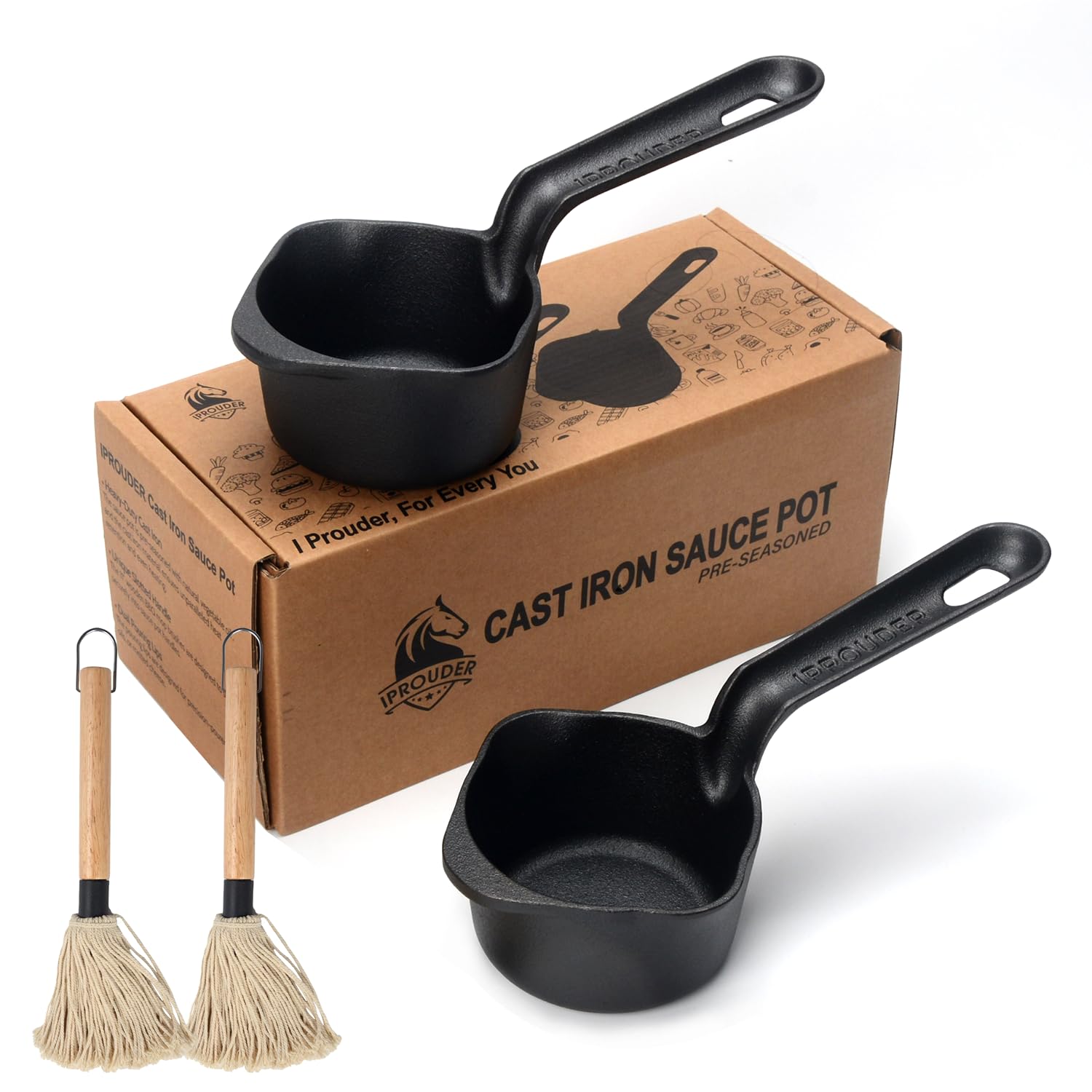 IPROUDER Cast Iron Sauce Pan and Basting Pot with BBQ Mop Brushes 4 Pcs - Cast Iron Small Sauce Pots for Grilling, Melting, Camping Cooking & Stoves - Mini Pot for Butter Melter - CookCave