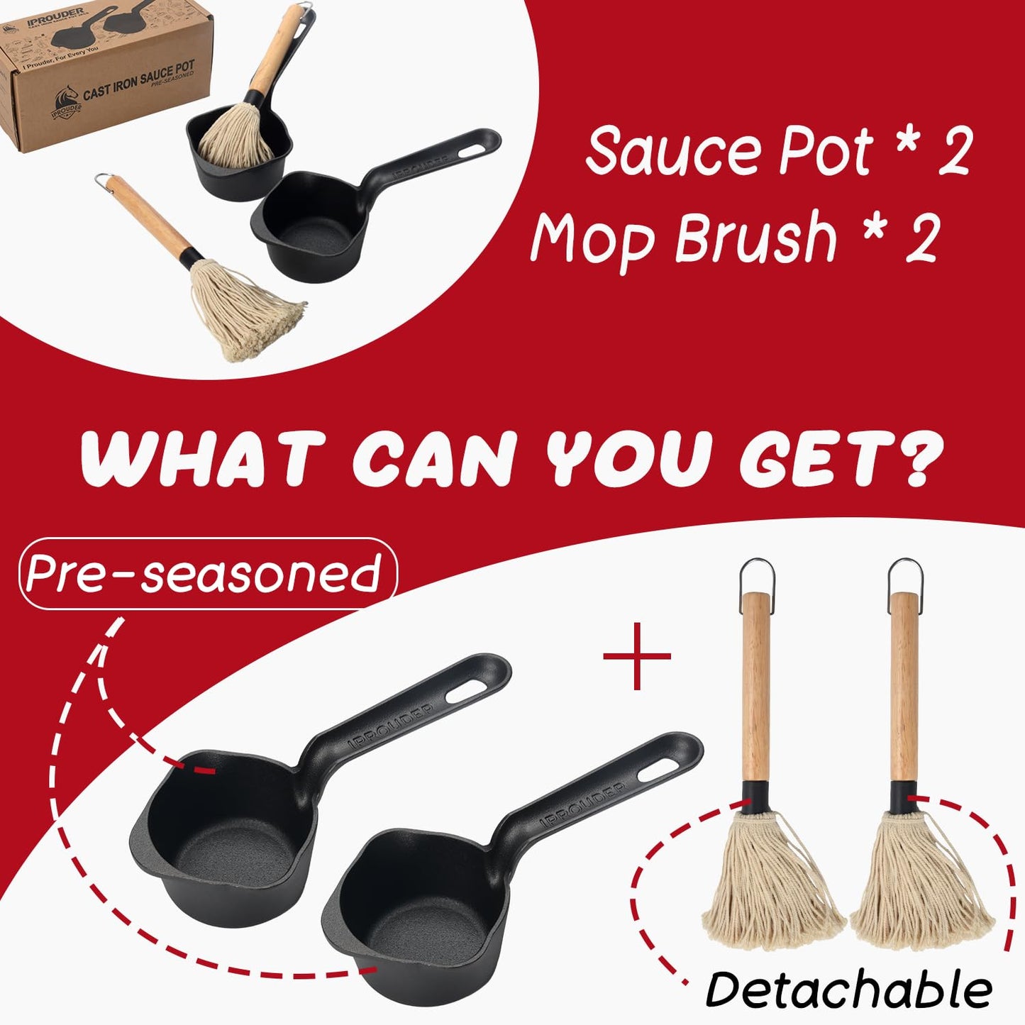 IPROUDER Cast Iron Sauce Pan and Basting Pot with BBQ Mop Brushes 4 Pcs - Cast Iron Small Sauce Pots for Grilling, Melting, Camping Cooking & Stoves - Mini Pot for Butter Melter - CookCave