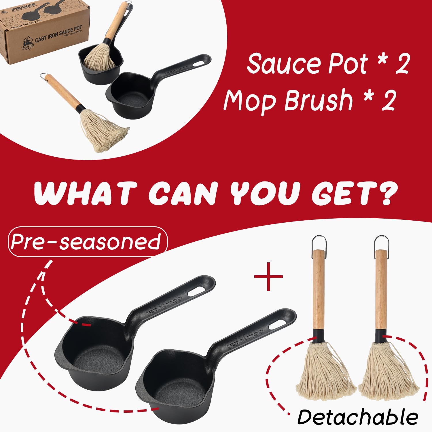 IPROUDER Cast Iron Sauce Pan and Basting Pot with BBQ Mop Brushes 4 Pcs - Cast Iron Small Sauce Pots for Grilling, Melting, Camping Cooking & Stoves - Mini Pot for Butter Melter - CookCave