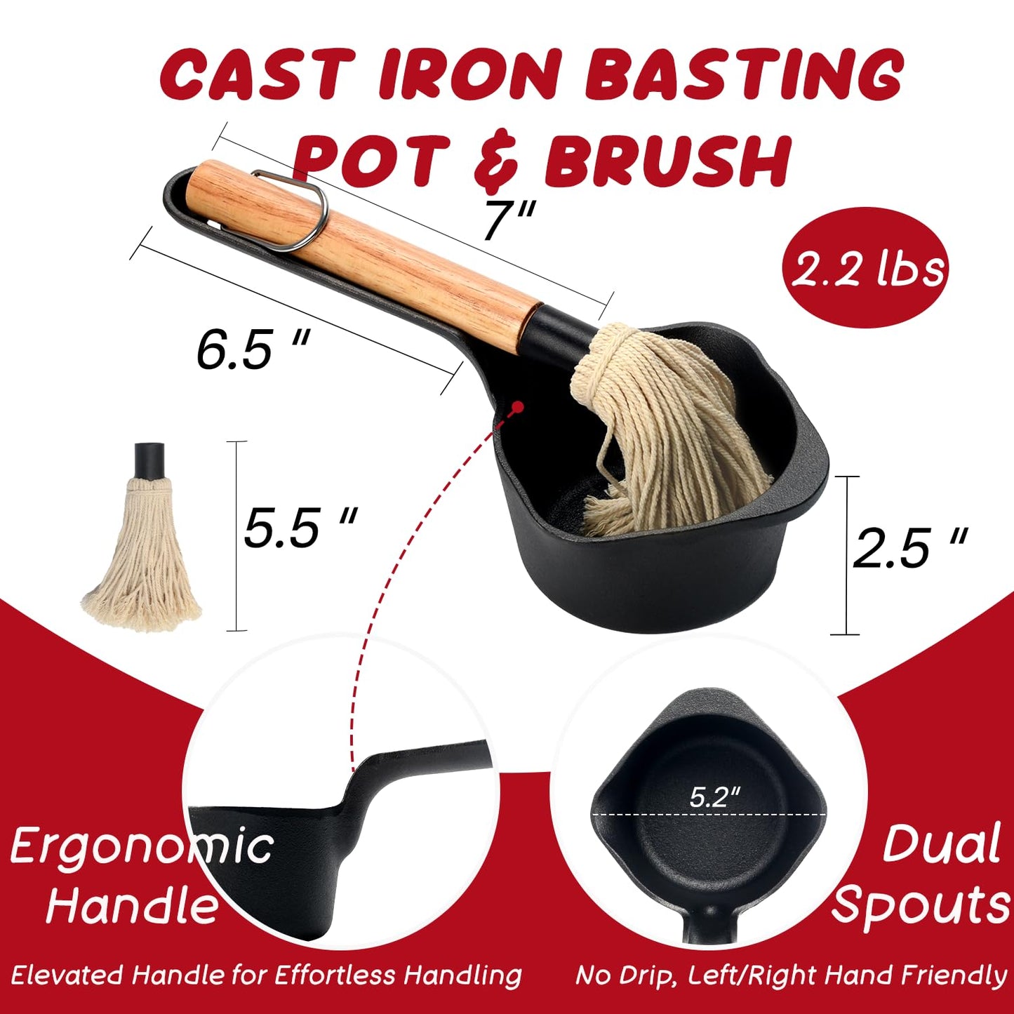 IPROUDER Cast Iron Sauce Pan and Basting Pot with BBQ Mop Brushes 4 Pcs - Cast Iron Small Sauce Pots for Grilling, Melting, Camping Cooking & Stoves - Mini Pot for Butter Melter - CookCave
