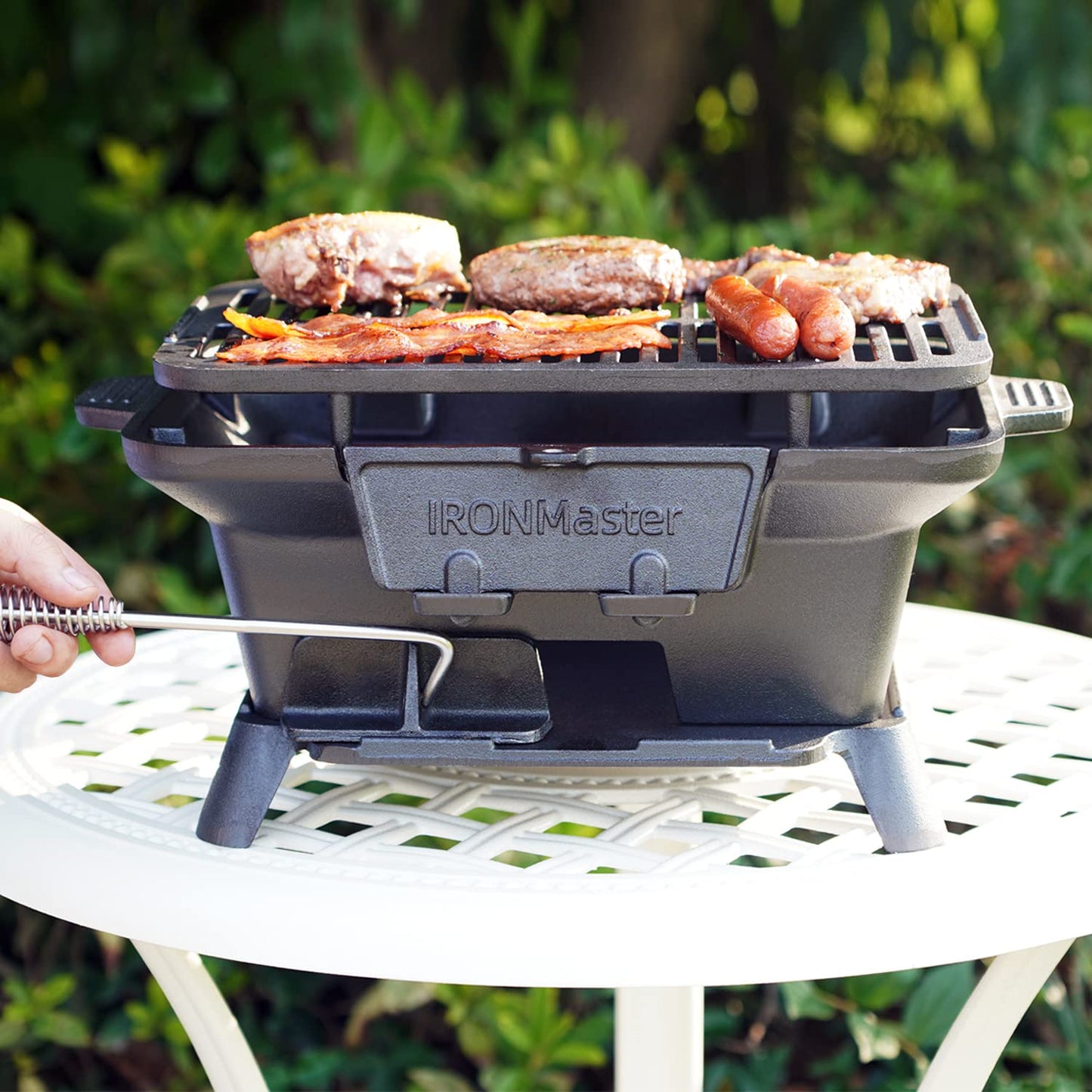 IronMaster Hibachi Grill Outdoor, Small Portable Charcoal Grill, Pre-Seasoned Cast Iron, Japanese Yakitori Camping Grill - 2 Heights, Air Control, Coal Door - CookCave