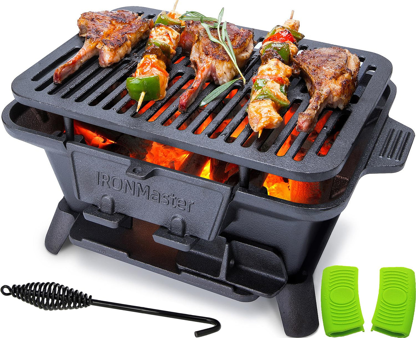 IronMaster Hibachi Grill Outdoor, Small Portable Charcoal Grill, Pre-Seasoned Cast Iron, Japanese Yakitori Camping Grill - 2 Heights, Air Control, Coal Door - CookCave