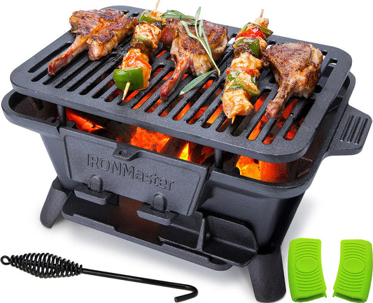 IronMaster Hibachi Grill Outdoor, Small Portable Charcoal Grill, Pre-Seasoned Cast Iron, Japanese Yakitori Camping Grill - 2 Heights, Air Control, Coal Door - CookCave