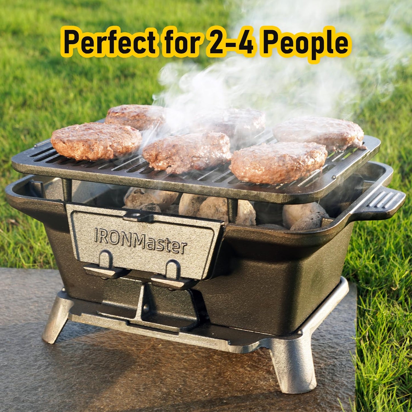 IronMaster Hibachi Grill Outdoor, Small Portable Charcoal Grill, Pre-Seasoned Cast Iron, Japanese Yakitori Camping Grill - 2 Heights, Air Control, Coal Door - CookCave