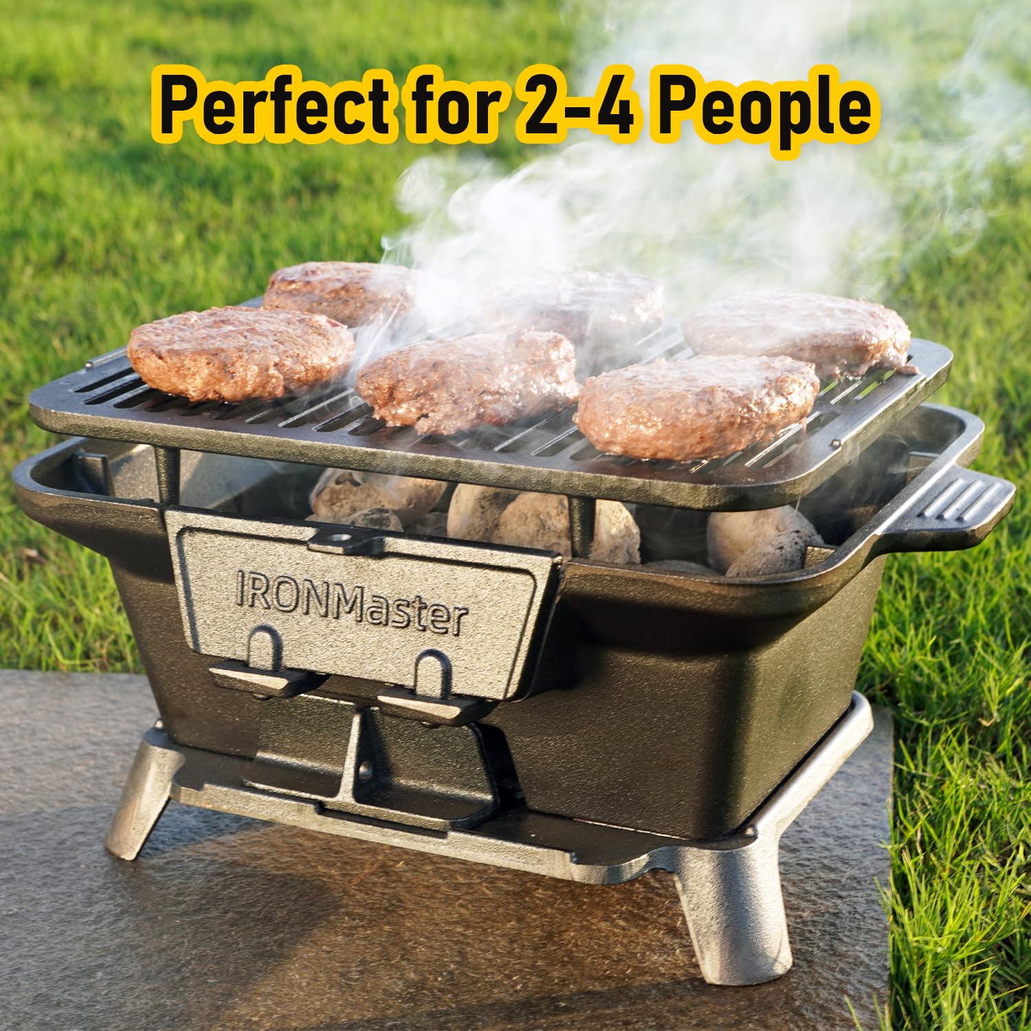 IronMaster Hibachi Grill Outdoor, Small Portable Charcoal Grill, Pre-Seasoned Cast Iron, Japanese Yakitori Camping Grill - 2 Heights, Air Control, Coal Door - CookCave