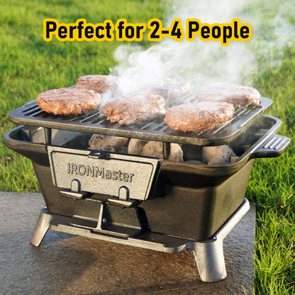 IronMaster Hibachi Grill Outdoor, Small Portable Charcoal Grill, Pre-Seasoned Cast Iron, Japanese Yakitori Camping Grill - 2 Heights, Air Control, Coal Door - CookCave