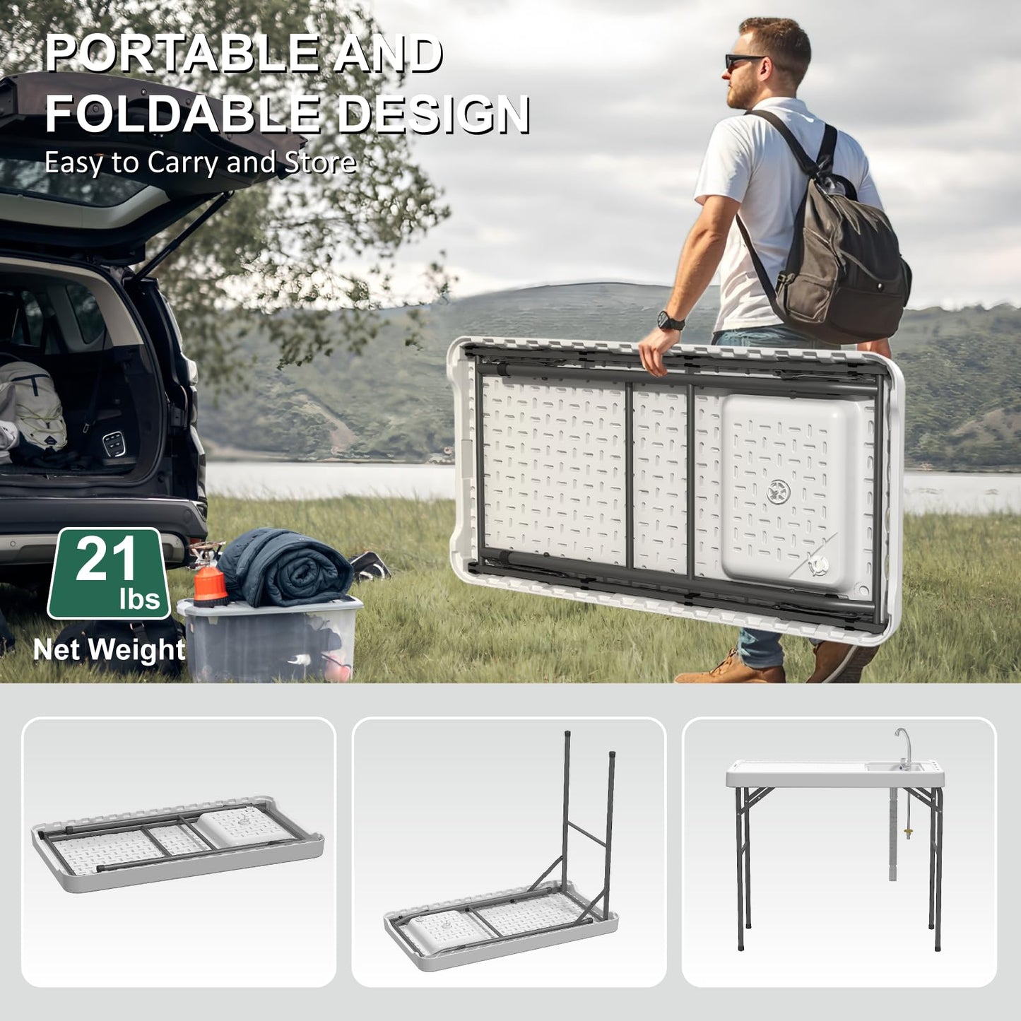 IWDOO 42.5" Fish Cleaning Table with Sink, Folding Camping Table & Fish Cleaning Station with Measure Mark, Camping Sink with Hose Hookup for Outdoor Picnic, Beach, Dock & Patio Use - CookCave