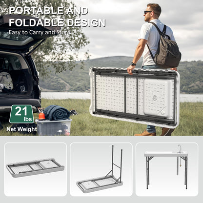 IWDOO 42.5" Fish Cleaning Table with Sink, Folding Camping Table & Fish Cleaning Station with Measure Mark, Camping Sink with Hose Hookup for Outdoor Picnic, Beach, Dock & Patio Use - CookCave