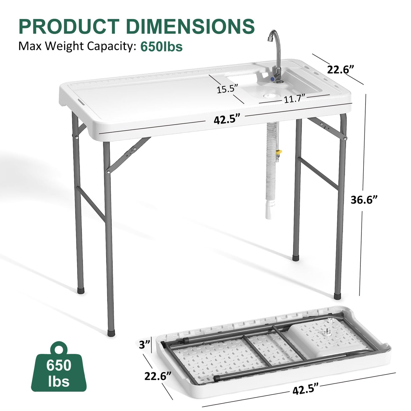 IWDOO 42.5" Fish Cleaning Table with Sink, Folding Camping Table & Fish Cleaning Station with Measure Mark, Camping Sink with Hose Hookup for Outdoor Picnic, Beach, Dock & Patio Use - CookCave