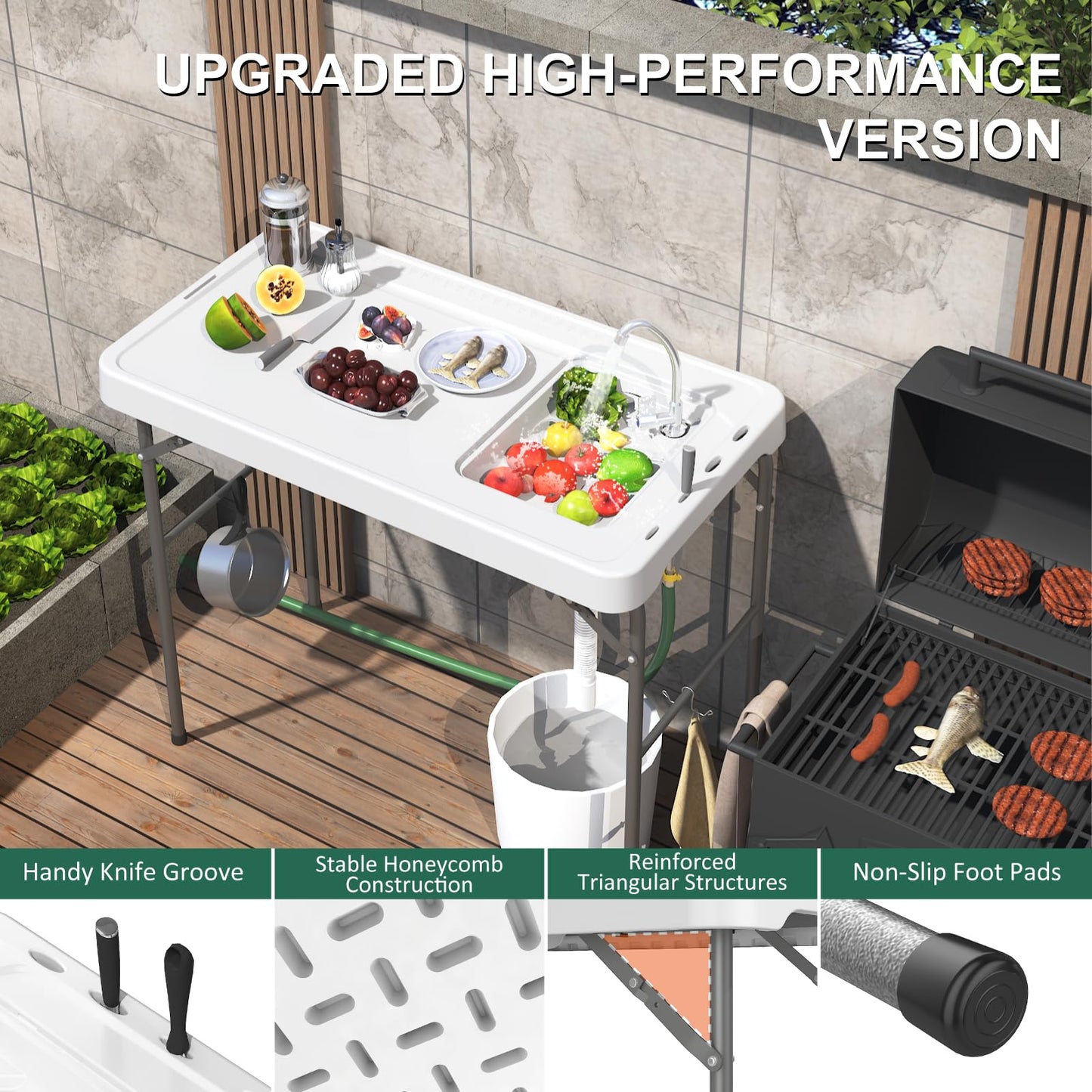 IWDOO 42.5" Fish Cleaning Table with Sink, Folding Camping Table & Fish Cleaning Station with Measure Mark, Camping Sink with Hose Hookup for Outdoor Picnic, Beach, Dock & Patio Use - CookCave