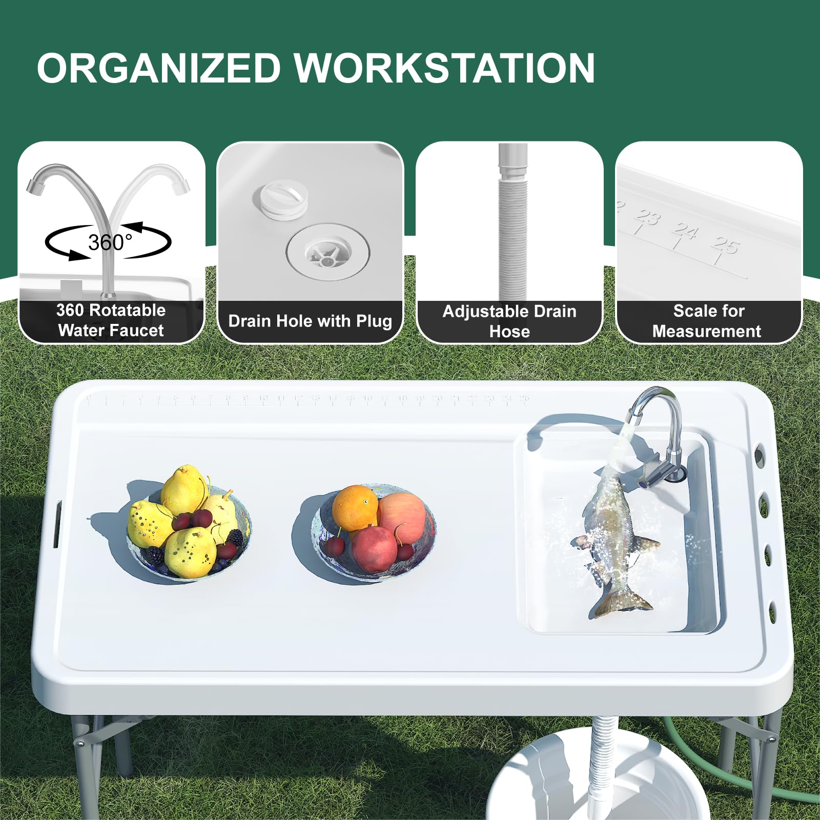 IWDOO 42.5" Fish Cleaning Table with Sink, Folding Camping Table & Fish Cleaning Station with Measure Mark, Camping Sink with Hose Hookup for Outdoor Picnic, Beach, Dock & Patio Use - CookCave