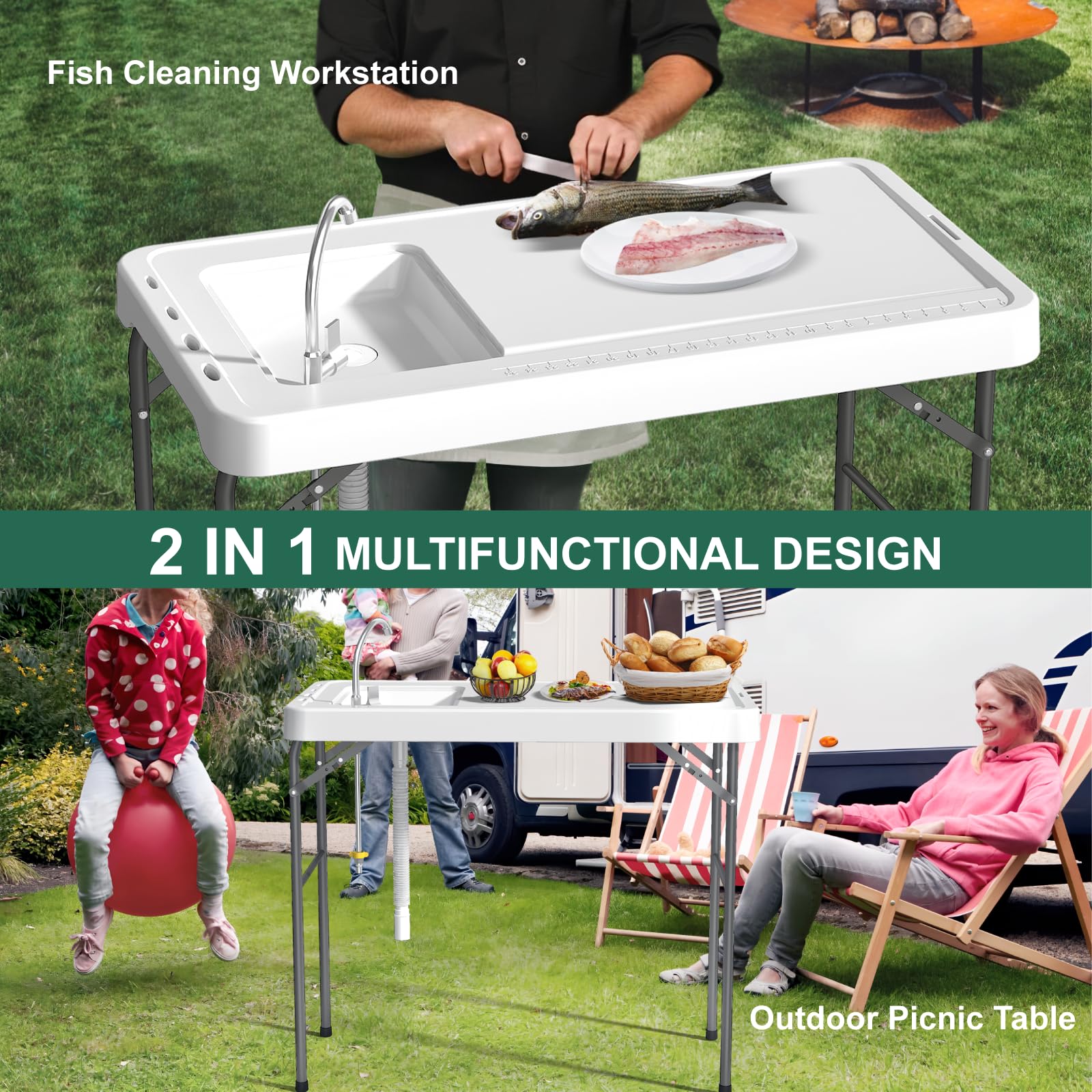 IWDOO 42.5" Fish Cleaning Table with Sink, Folding Camping Table & Fish Cleaning Station with Measure Mark, Camping Sink with Hose Hookup for Outdoor Picnic, Beach, Dock & Patio Use - CookCave