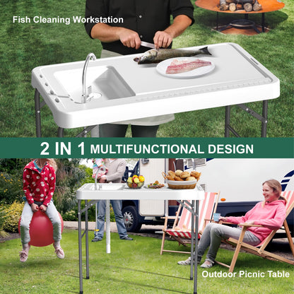 IWDOO 42.5" Fish Cleaning Table with Sink, Folding Camping Table & Fish Cleaning Station with Measure Mark, Camping Sink with Hose Hookup for Outdoor Picnic, Beach, Dock & Patio Use - CookCave