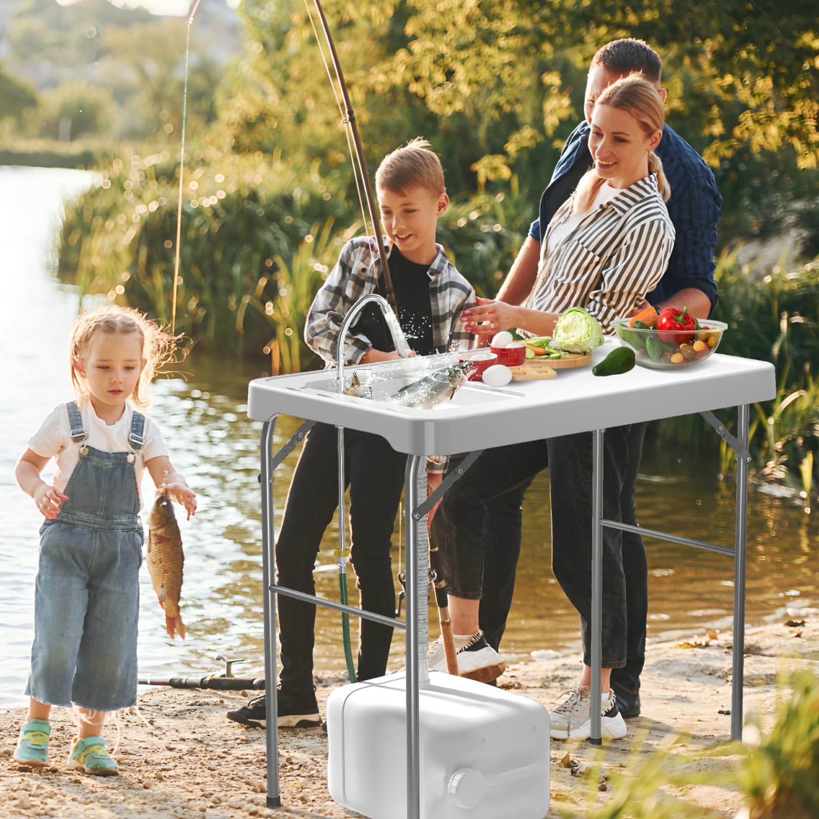 IWDOO 42.5" Fish Cleaning Table with Sink, Folding Camping Table & Fish Cleaning Station with Measure Mark, Camping Sink with Hose Hookup for Outdoor Picnic, Beach, Dock & Patio Use - CookCave