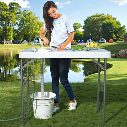 IWDOO 42.5" Fish Cleaning Table with Sink, Folding Camping Table & Fish Cleaning Station with Measure Mark, Camping Sink with Hose Hookup for Outdoor Picnic, Beach, Dock & Patio Use - CookCave