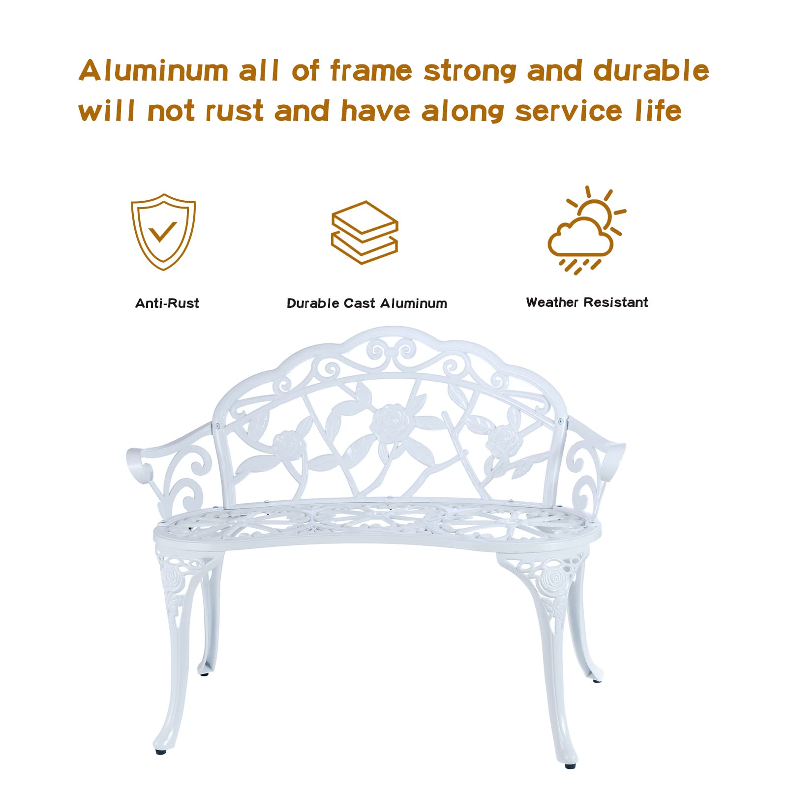 JARDIN DE CENTENNIAL Patio Garden Bench Metal Park Bench Cast Aluminum Outdoor Furniture with Floral Rose for Patio,Park,Lawn,Yard (White) - CookCave