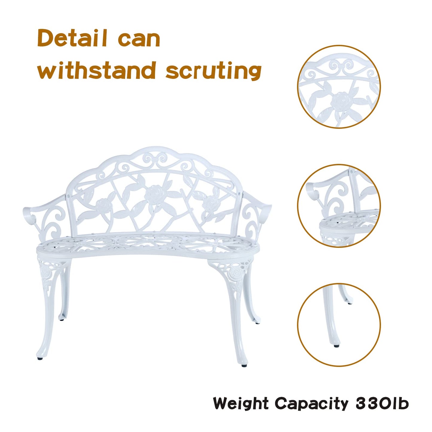 JARDIN DE CENTENNIAL Patio Garden Bench Metal Park Bench Cast Aluminum Outdoor Furniture with Floral Rose for Patio,Park,Lawn,Yard (White) - CookCave