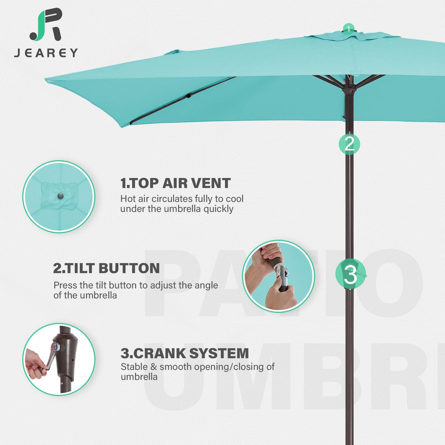 JEAREY 6.5x10 ft Rectangular Patio Umbrellas Outdoor Market Umbrella with Push Button Tilt and Crank, Rectangle Table Umbrella 6 Sturdy Ribs UV Protection for Pool Garden Backyard Deck, Peacock Blue - CookCave