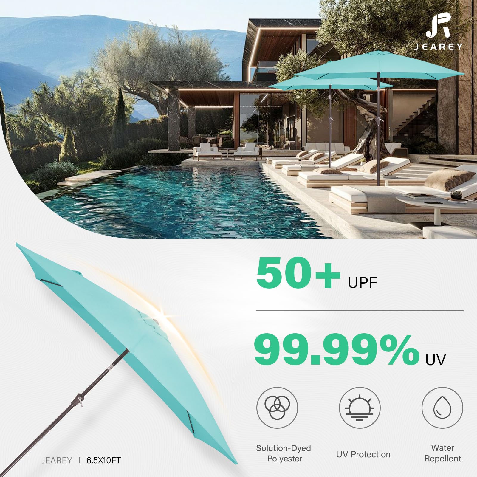 JEAREY 6.5x10 ft Rectangular Patio Umbrellas Outdoor Market Umbrella with Push Button Tilt and Crank, Rectangle Table Umbrella 6 Sturdy Ribs UV Protection for Pool Garden Backyard Deck, Peacock Blue - CookCave