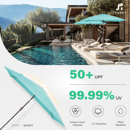 JEAREY 6.5x10 ft Rectangular Patio Umbrellas Outdoor Market Umbrella with Push Button Tilt and Crank, Rectangle Table Umbrella 6 Sturdy Ribs UV Protection for Pool Garden Backyard Deck, Peacock Blue - CookCave