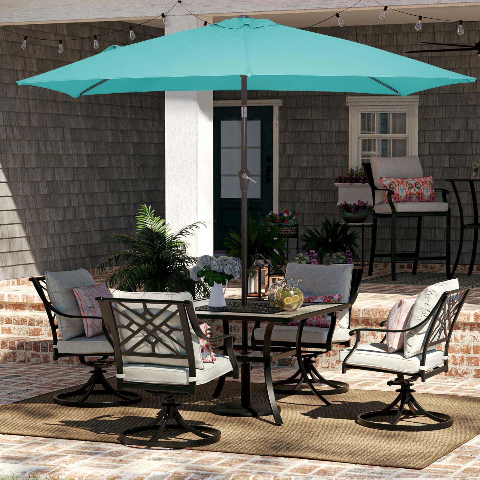JEAREY 6.5x10 ft Rectangular Patio Umbrellas Outdoor Market Umbrella with Push Button Tilt and Crank, Rectangle Table Umbrella 6 Sturdy Ribs UV Protection for Pool Garden Backyard Deck, Peacock Blue - CookCave