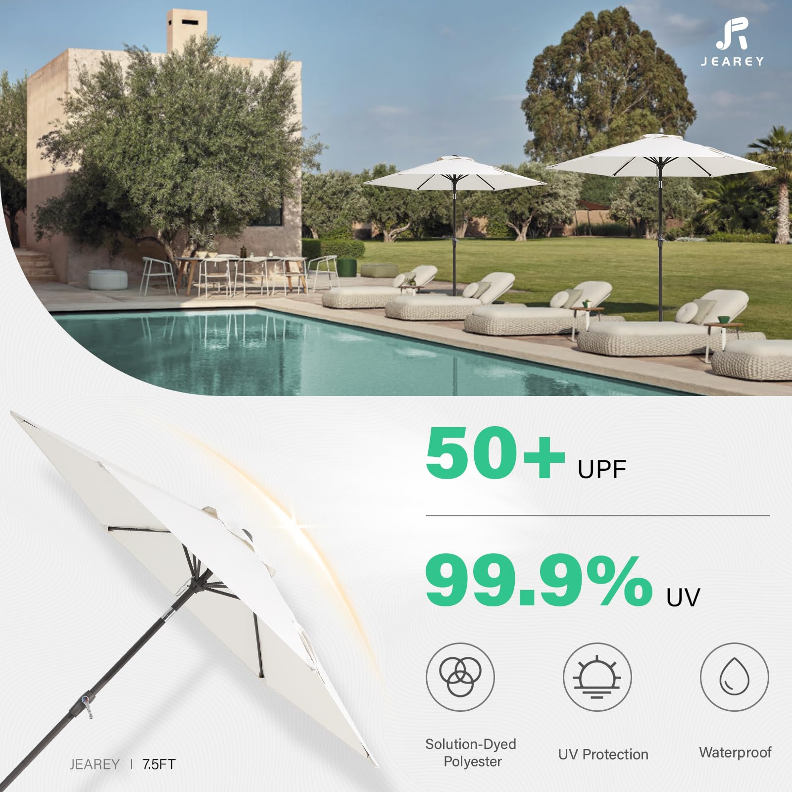 JEAREY 7.5FT Patio Umbrella Market Table Umbrella with 6 Sturdy Ribs, Push Button Tilt/Crank Outdoor Umbrella for Garden, Deck, Backyard, Pool and Beach,Creamy-White - CookCave