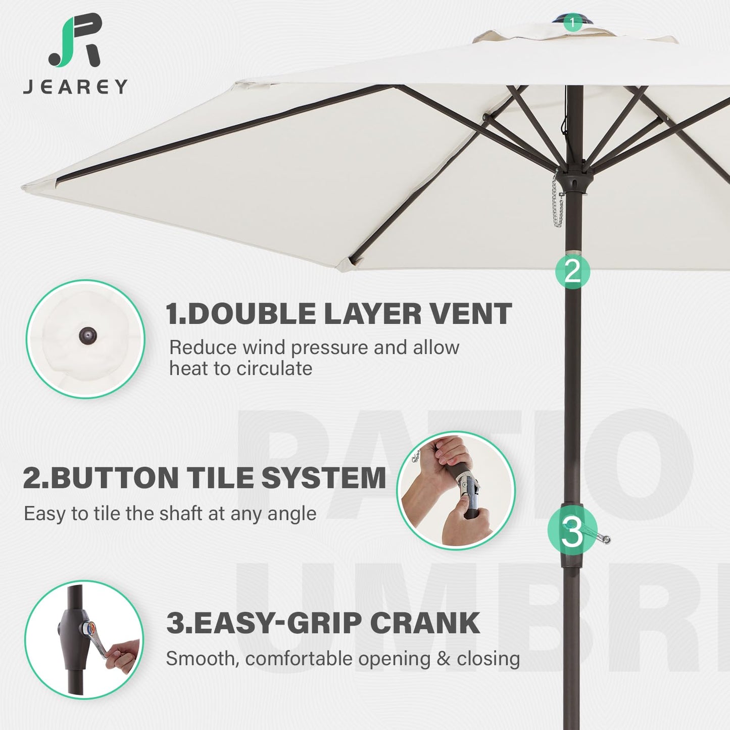 JEAREY 7.5FT Patio Umbrella Market Table Umbrella with 6 Sturdy Ribs, Push Button Tilt/Crank Outdoor Umbrella for Garden, Deck, Backyard, Pool and Beach,Creamy-White - CookCave