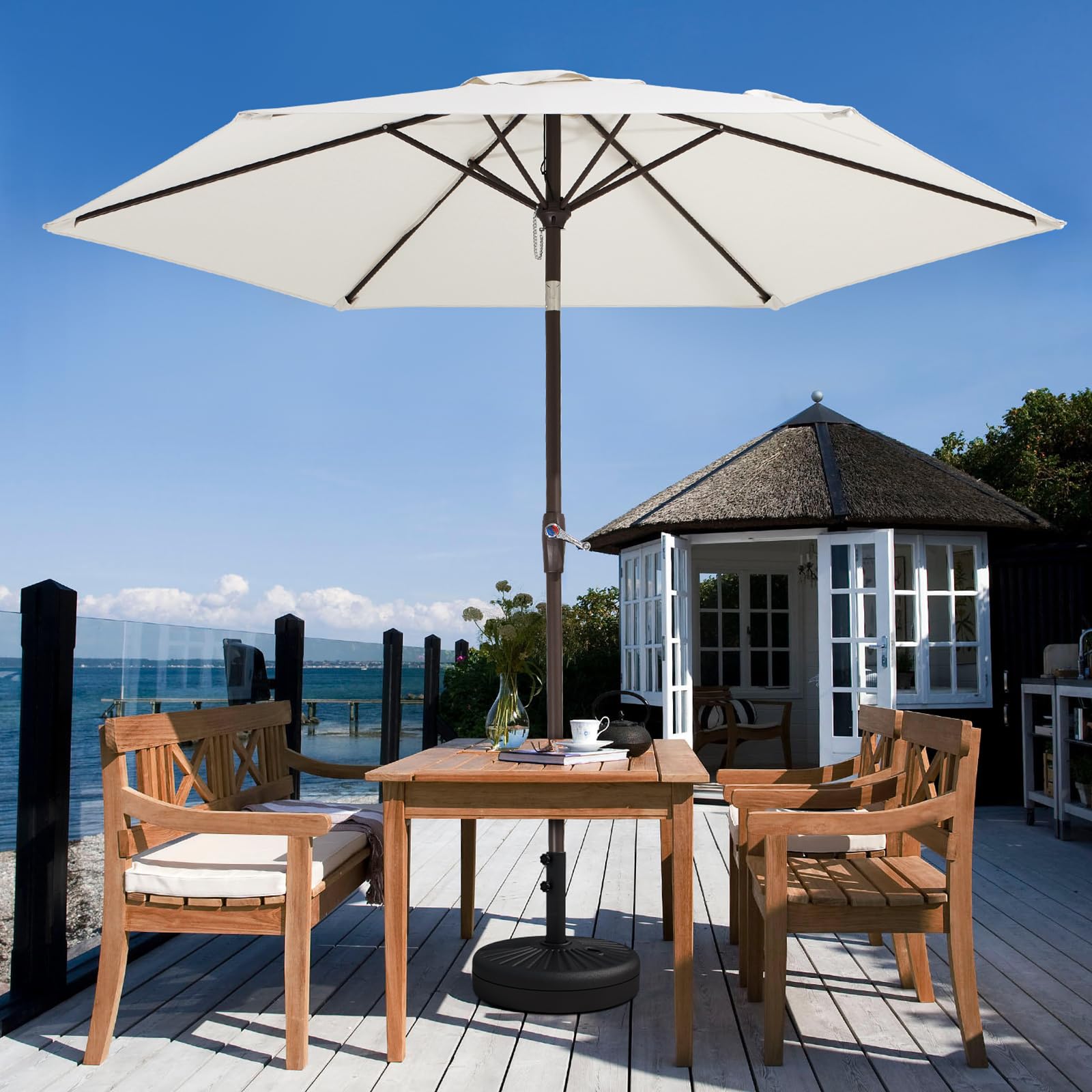 JEAREY 7.5FT Patio Umbrella Market Table Umbrella with 6 Sturdy Ribs, Push Button Tilt/Crank Outdoor Umbrella for Garden, Deck, Backyard, Pool and Beach,Creamy-White - CookCave