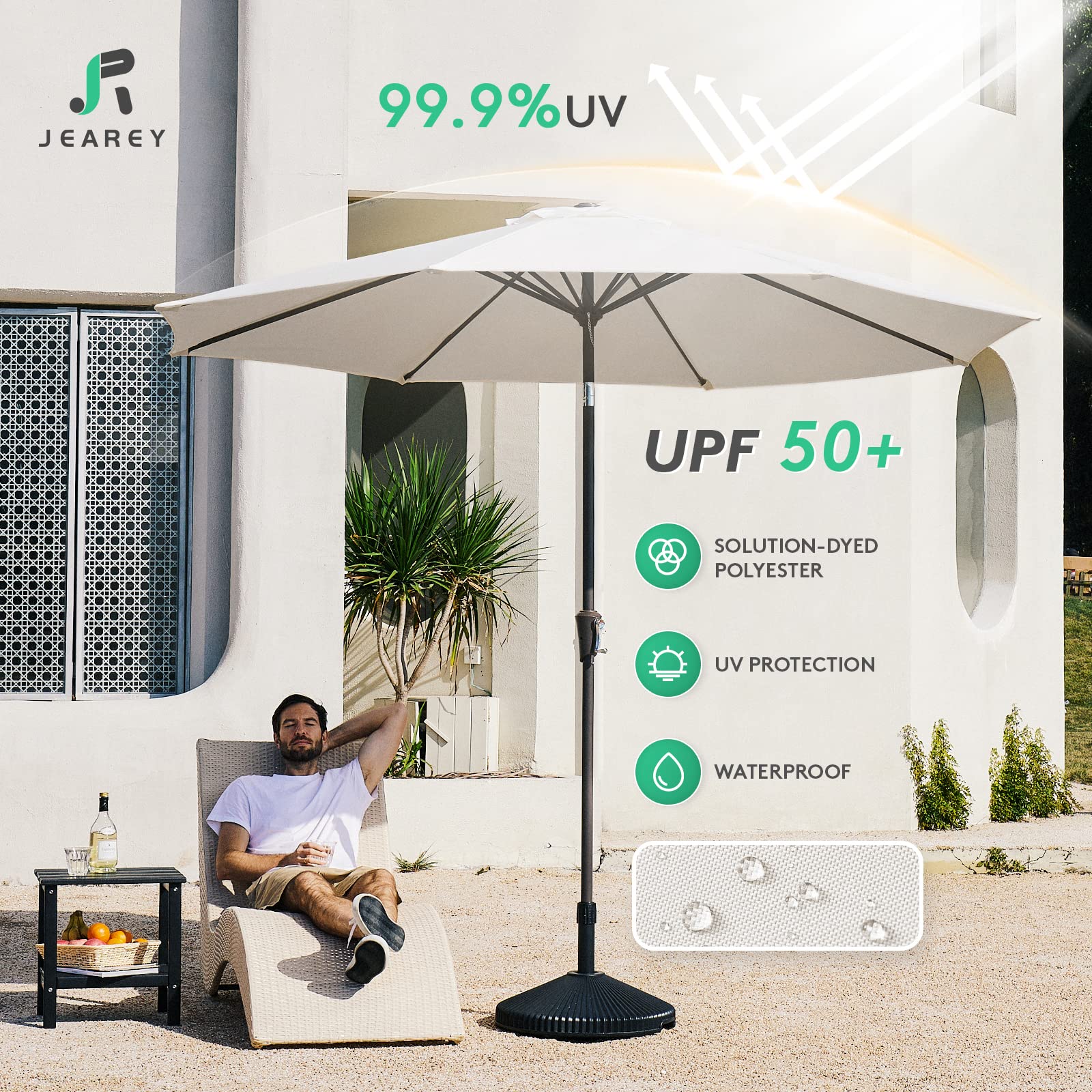 JEAREY 9FT Outdoor Patio Umbrella Outdoor Table Umbrella with Push Button Tilt and Crank, Market Umbrella 8 Sturdy Ribs UV Protection Waterproof for Garden, Deck, Backyard, Pool (Creamy-white) - CookCave