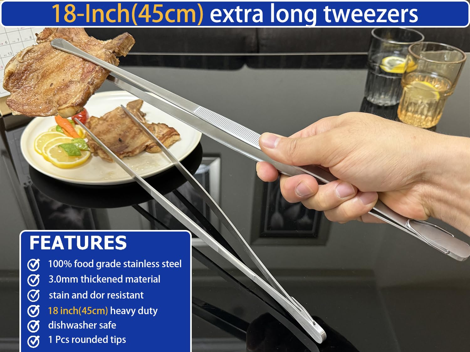 JETKONG 18 Inch (45cm) Extra Long Grill Tongs, Heavy Duty Stainless Steel Tweezer Tongs for Cooking, Grilling, Barbecue/BBQ, Buffet and Turning Food (Round Tips) - CookCave