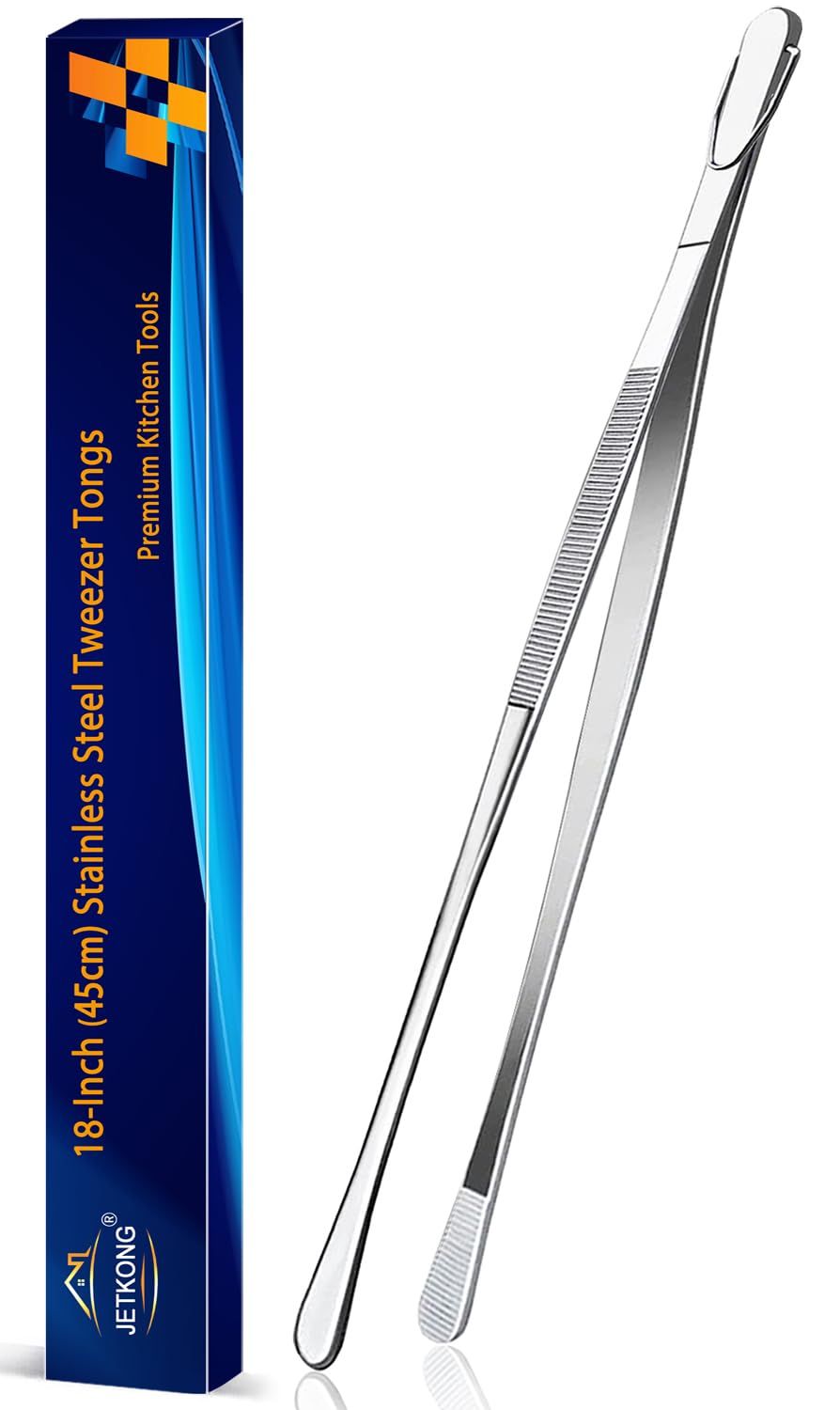 JETKONG 18 Inch (45cm) Extra Long Grill Tongs, Heavy Duty Stainless Steel Tweezer Tongs for Cooking, Grilling, Barbecue/BBQ, Buffet and Turning Food (Round Tips) - CookCave