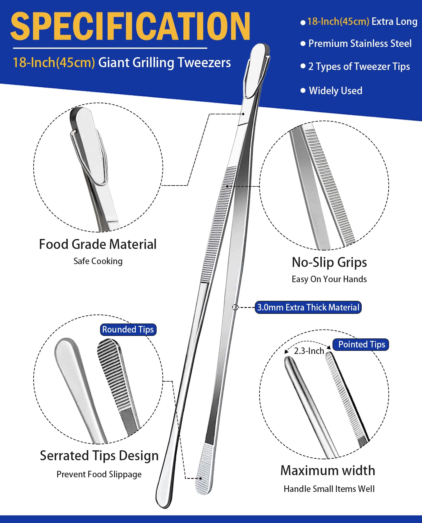 JETKONG 18 Inch (45cm) Extra Long Grill Tongs, Heavy Duty Stainless Steel Tweezer Tongs for Cooking, Grilling, Barbecue/BBQ, Buffet and Turning Food (Round Tips) - CookCave