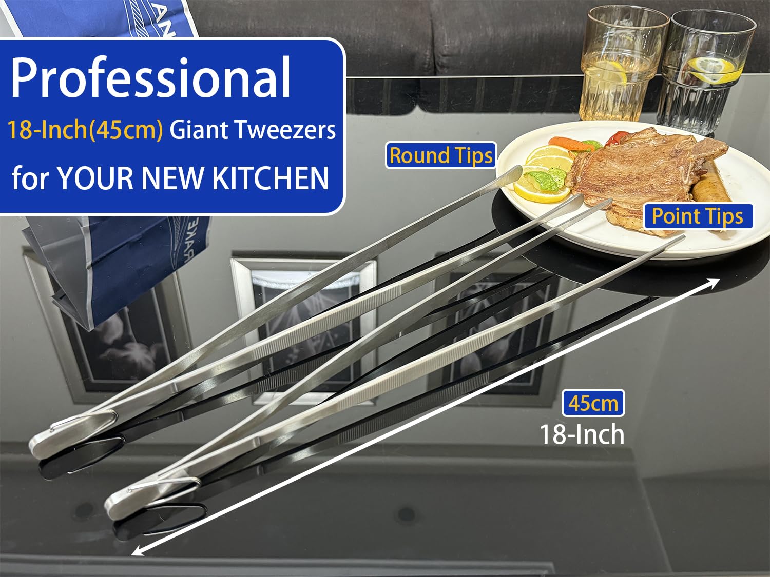 JETKONG 18 Inch (45cm) Extra Long Grill Tongs, Heavy Duty Stainless Steel Tweezer Tongs for Cooking, Grilling, Barbecue/BBQ, Buffet and Turning Food (Round Tips) - CookCave