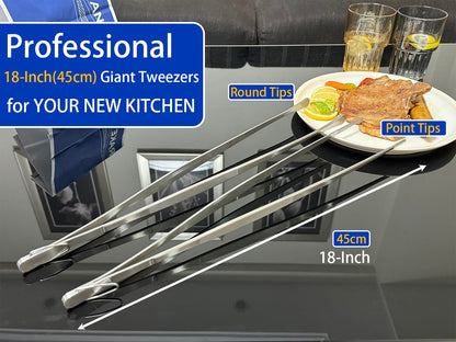JETKONG 18 Inch (45cm) Extra Long Grill Tongs, Heavy Duty Stainless Steel Tweezer Tongs for Cooking, Grilling, Barbecue/BBQ, Buffet and Turning Food (Round Tips) - CookCave