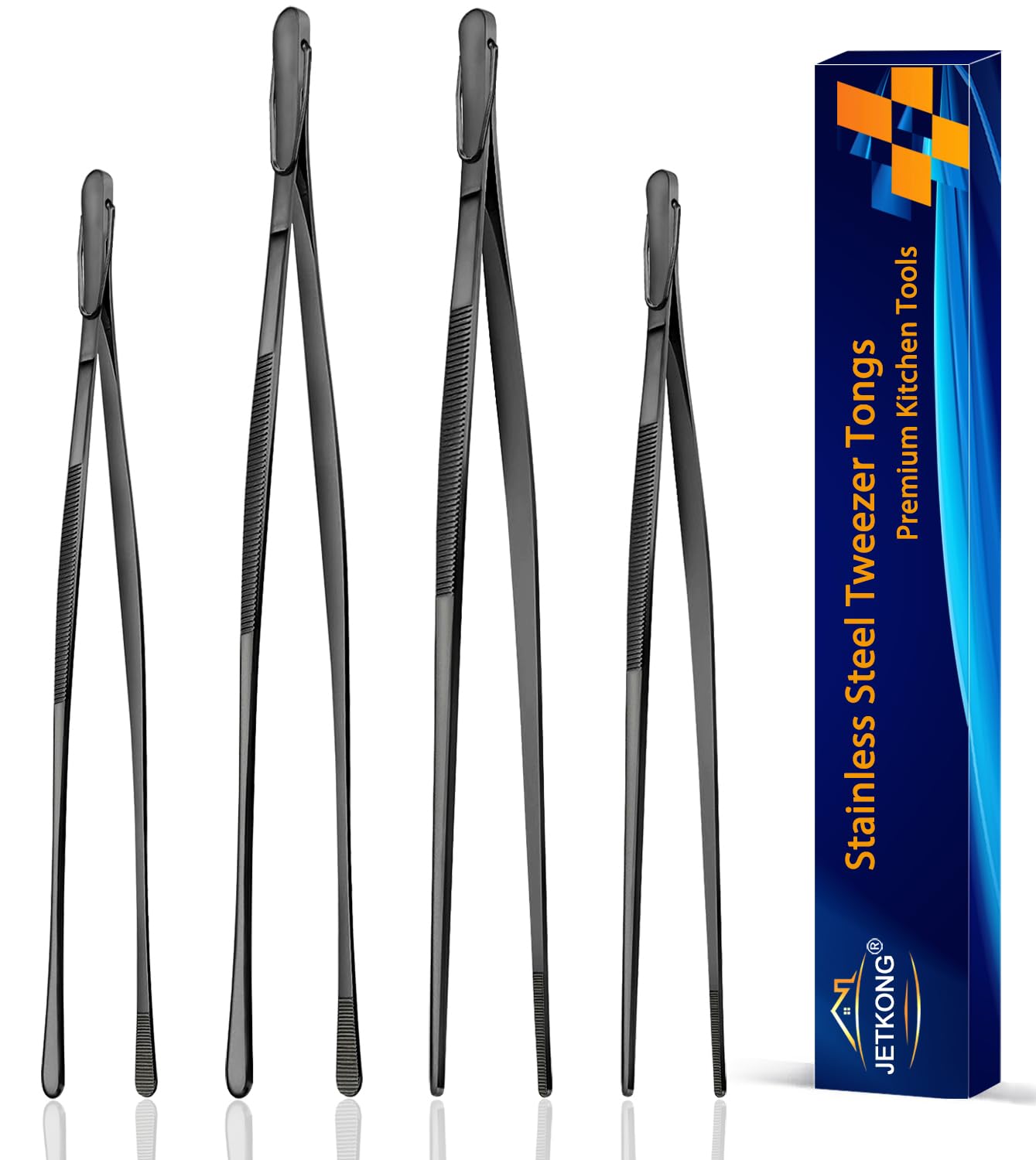 JETKONG 4 Pcs Kitchen Tweezers, 12'' and 10'' Stainless Steel Cooking Tweezers Set, High-Precision Tweezers Tongs for Cooking, Repairing, Seafood and BBQ (Black) - CookCave